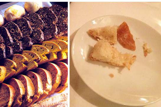 At left, The Purple Fig's photograph of its bread selection; at right, the bread Cuozzo received